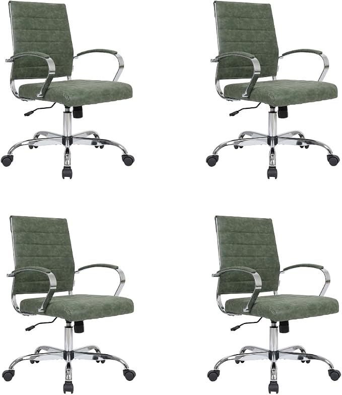 LeisureMod Benmar Leather Office Desk Chair, Mid-Back Ergonomic Swivel Chair with Lumbar Support, Adjustable Height, Tilt Lock, Cushioned Seat & Back, Home Office Task Chair (Green, Set of 4)