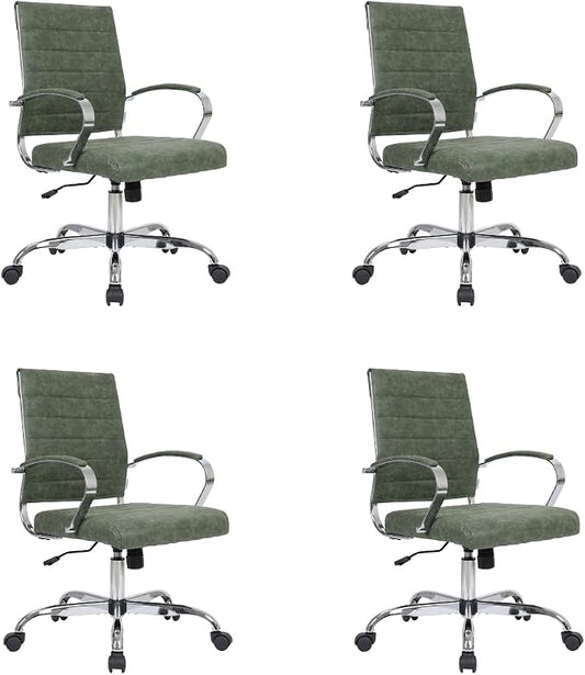 LeisureMod Benmar Leather Office Desk Chair, Mid-Back Ergonomic Swivel Chair with Lumbar Support, Adjustable Height, Tilt Lock, Cushioned Seat & Back, Home Office Task Chair (Green, Set of 4)