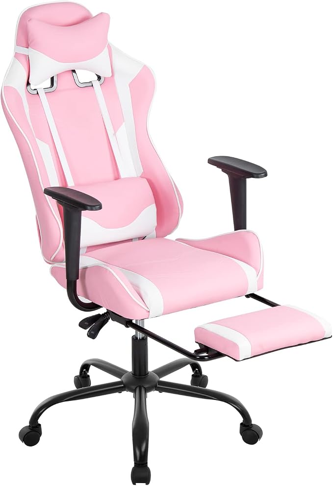 BestOffice | Ergonomic Gaming Chair | Pink | Reclining Computer Chair with Lumbar Support, Headrest Pillow, Adjustable Footrests | 360 Swivel with Heavy Duty Wheels | for Home & Office
