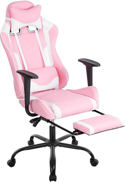 BestOffice | Ergonomic Gaming Chair | Pink | Reclining Computer Chair with Lumbar Support, Headrest Pillow, Adjustable Footrests | 360 Swivel with Heavy Duty Wheels | for Home & Office