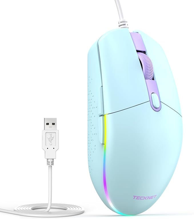 TECKNET Wired Mouse - USB Corded Mouse with RGB Backlit Full Size Optical Silent Mouse with Side Buttons,LED Plug and Play Wired Connection Office Mice for Desktop,PC,Laptop