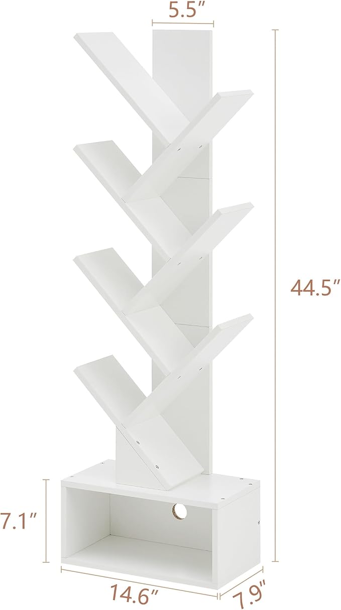 Hoctieon 6 Tier Tree Bookshelf, Tall Bookcase with Drawer, Freestanding Book Shelf, Display Floor Standing Storage Shelf, Book Organizer Shelves for Home Office, Living Room, Bedroom, White