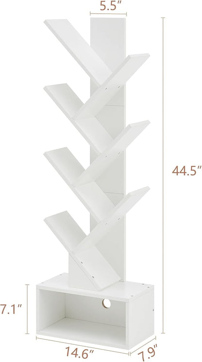 Hoctieon 6 Tier Tree Bookshelf, Tall Bookcase with Drawer, Freestanding Book Shelf, Display Floor Standing Storage Shelf, Book Organizer Shelves for Home Office, Living Room, Bedroom, White