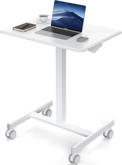 DUMOS Small Standing Desk Mobile Portable Rolling Laptop PC Table on Wheels Adjustable Height Computer Workstation for Home Office Small Space, 19 Inch, White