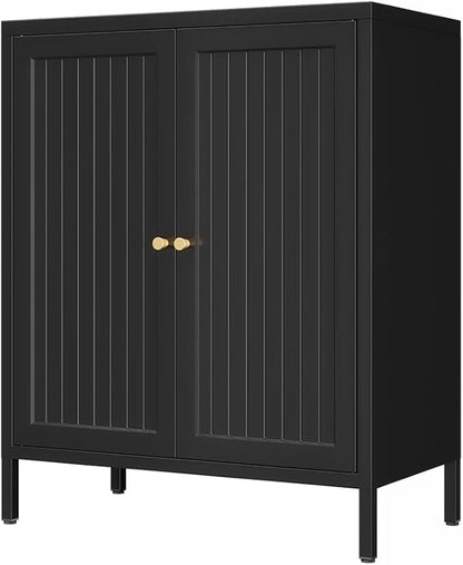 2 Door Metal Storage Cabinet-Small Bathroom Storage Cabinet with 1 Adjustable Shelf,Freestanding Sideboard for Home Office, Living Room, Hallway, Entryway(Striped Door, Black)