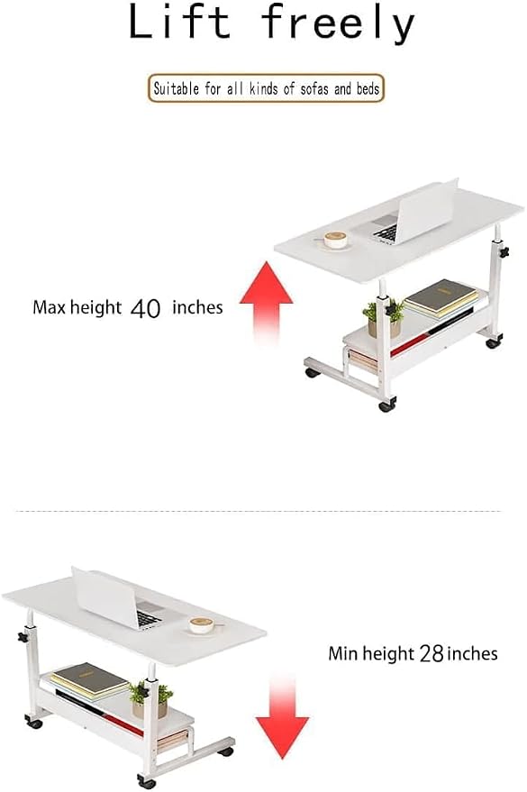Adjustable Height Mobile Computer Desk for Small Space Rolling Writing with Wheels Corner Home Office Study Portable Bedrooms Work Size 31.5x15.7 Inch Storage Gaming Table, White A