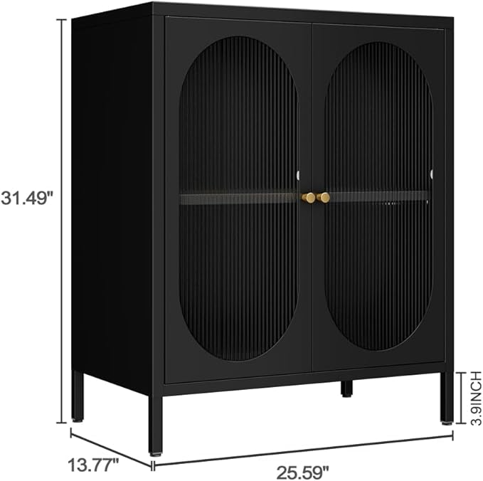 2 Translucent Door Metal Accent Storage Cabinet for Home, Living Room, Office Room,Kitchen-Metal Locker Cabinet with 1 Adjustable Shelves-2-Tier (Black)