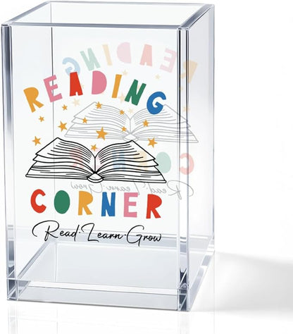 Reading Corner Acrylic Cosmetic Holder, Funny Desk Organizer for Book Lover Bookish Bookworms Readers, Library Classroom Café Desk Decoration, Pen Holder Gifts For Women Men Friends