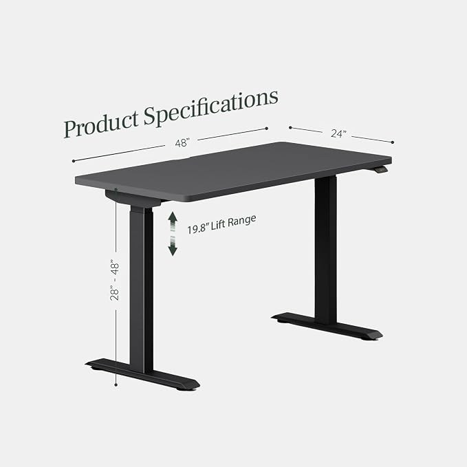 Branch Duo Standing Desk 48 Inches - Adjustable Standing Desk with 20” Range - OLED Control Panel - Frameless Design & Compact Size Suitable for Many Spaces - Charcoal Base - Charcoal Top