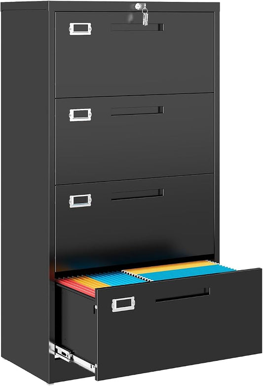 MIIIKO 4 Drawer Lateral File Cabinet with Lock, Black Lateral Filing Cabinets, Metal Storage File Cabinets for Hanging Files Letter/Legal/F4/A4 Size