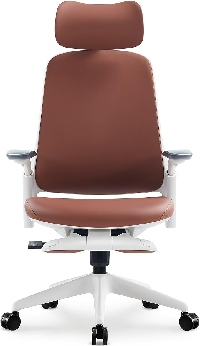 Sunaofe Boss Pro Leather Ergonomic Office Chair with Footrest - Executive Chair, 4D Armrests, Adaptive Lumbar, 125° Recline, 300lb Capacity, 5-Year Warranty White Frame/Dark Brown