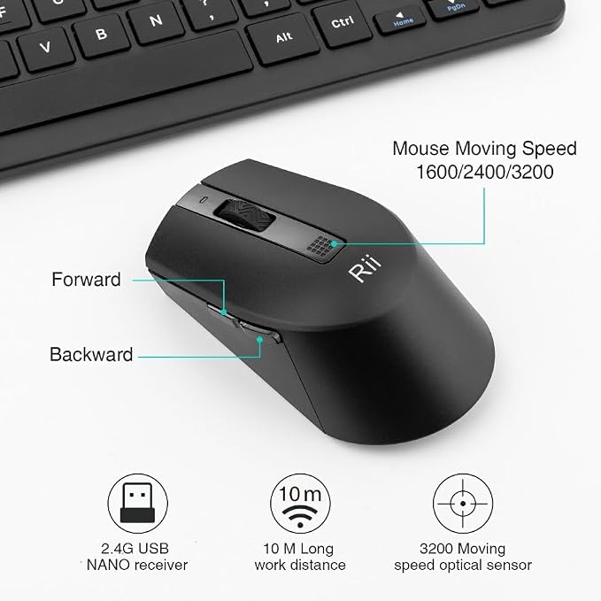 Rii RKM709 2.4 Gigahertz Ultra-Slim Wireless Keyboard and Mouse Combo, Multimedia Office Keyboard for PC, Laptop and Desktop,Business Office(Black)-New