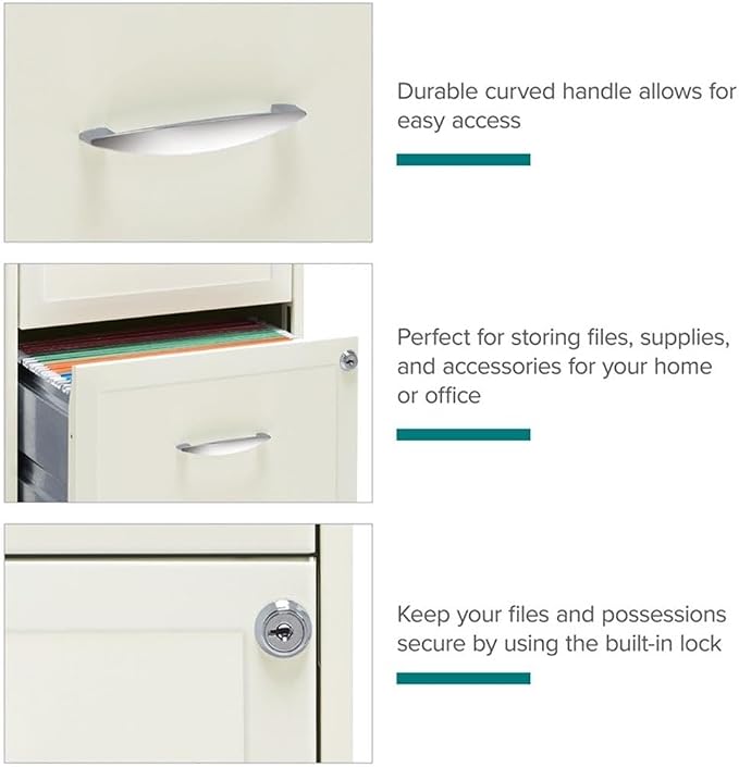 Pemberly Row 18" 2-Drawer Mobile Metal Filing Cabinet, Pearl White Finish, 26.7" H x 14.25" W x 18" D, Lockable Design with Casters, Home Office Storage Organizer for Letter-Size Hanging Files