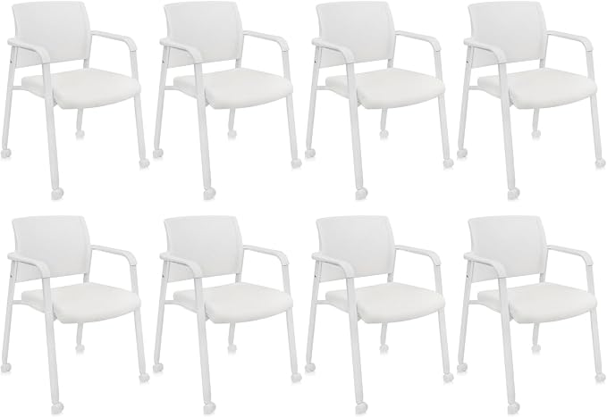 CLATINA Mesh Back Guest Reception Stacking Chair with Wheels, Waiting Room Stackable Chairs with Upholstered Leather Seat & Ergonomic Lumbar Support for Office Conference School Lobby, White, 8 Pack