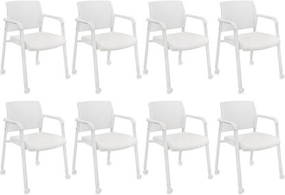 CLATINA Mesh Back Guest Reception Stacking Chair with Wheels, Waiting Room Stackable Chairs with Upholstered Leather Seat & Ergonomic Lumbar Support for Office Conference School Lobby, White, 8 Pack