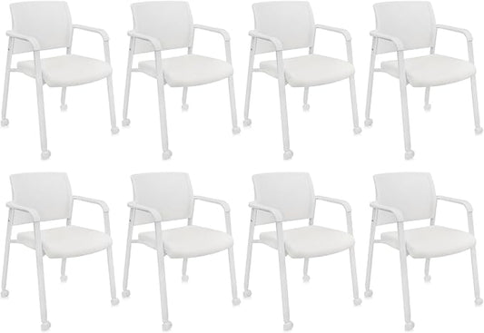 CLATINA Mesh Back Guest Reception Stacking Chair with Wheels, Waiting Room Stackable Chairs with Upholstered Leather Seat & Ergonomic Lumbar Support for Office Conference School Lobby, White, 8 Pack