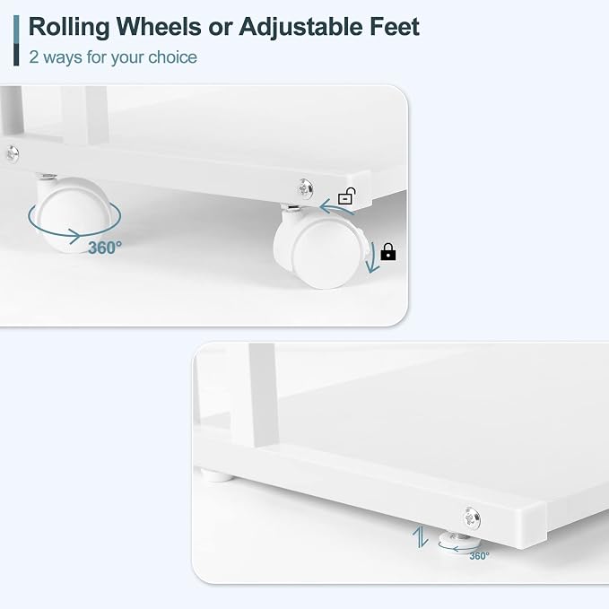 Printer Stand Under Desk Printer Table with Wheels 2 Tier Small Printer Cart with Storage Bag Desktop White Printer Stands for Home Office Fax Machine Scanner Files (White)