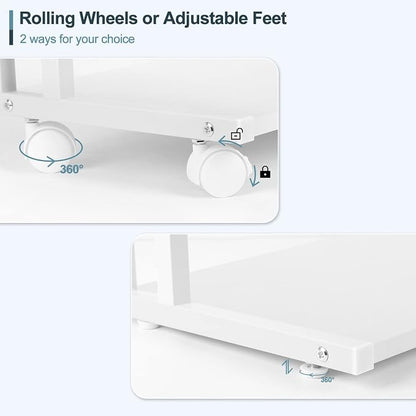 Printer Stand Under Desk Printer Table with Wheels 2 Tier Small Printer Cart with Storage Bag Desktop White Printer Stands for Home Office Fax Machine Scanner Files (White)