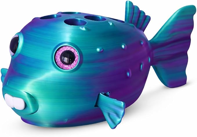 S I Schaller Industries Aesthetic Pen Holder for Desk 16mm Slot Size-Fun Metallic Teal Blow Fish Pencil Holder - Cute Pen Rack Holds 8 Pens, Compatible with Pencil, Marker & Office Supplies