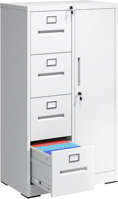 File Cabinet 4 Drawer, Vertical File Cabinet with Lock and 1 Door, File Cabinet with Storage Shelves for A4 Legal/Letter, Assembly Required (White)