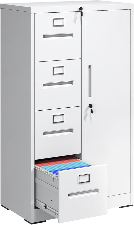 File Cabinet 4 Drawer, Vertical File Cabinet with Lock and 1 Door, File Cabinet with Storage Shelves for A4 Legal/Letter, Assembly Required (White)