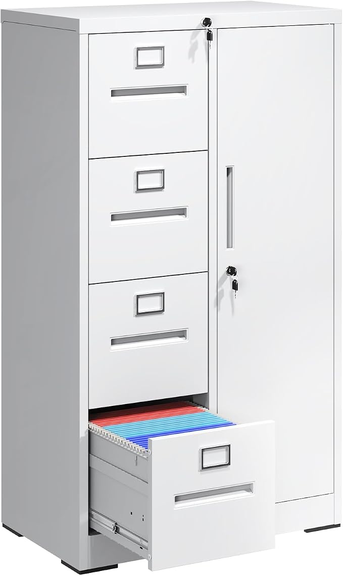 File Cabinet 4 Drawer, Vertical File Cabinet with Lock and 1 Door, File Cabinet with Storage Shelves for A4 Legal/Letter, Assembly Required (White)