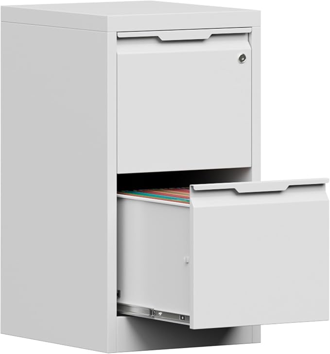 2-Drawer Metal File Cabinet with 1 Lockable Drawer,Steel Printer Stand with Storage for Home Office,Vertical Filing Cabinet for Legal/Letter/A4 Files,Assembly Required(15''W-2 Drawers,White)