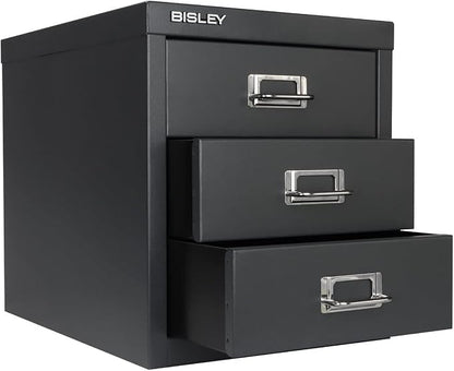 Bisley 3-Drawer Steel MultiDrawer Cabinet - Anthracite Grey | Chrome Pull Handles with Label Holders, Powder-Coated Steel, Removable Drawers, Desktop Storage, Labels Included