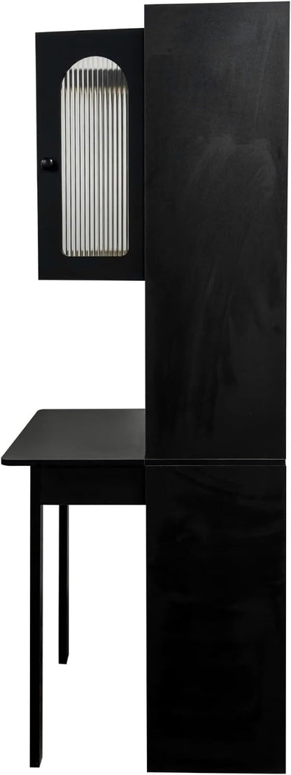 KEIKI Fold-Out Home Office Desks Writing Table with Glass Doors, Drawers, Bookshelf & Storage Shelves, Modern Wooden Convertible Workstation for Work, Study