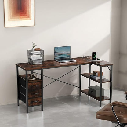 Simple Deluxe L Shaped Gaming Desk with Power Outlets, 55 Inch Computer Desk with 3 Drawers, Shelves, Corner Computer Desk for Gaming, Corner Work, Home Office, Study, Rustic Brown
