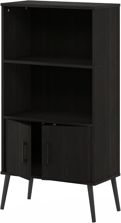 Furinno Claude Mid Century Style Accent Wooden Leg Bookcase Cabinet with Storage Organizer Shelves, Espresso