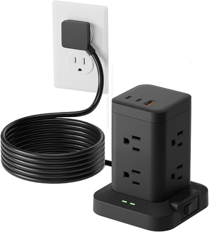 Power Strip Tower with Surge Protector 1800J, Fast Charging Tower PD20W USB-C Ports with 8 AC Outlets, 10ft Extension Cord for Home Office Dorm Room, Black