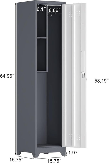 IRONFFICE Storage Cabinet,Slim Broom Closet Storage Cabinets with Lockable Doors,Narrow Utility Cabinets with Hanging Rod,Tall Broom Closet for Laundry,Home Office,Grey-White