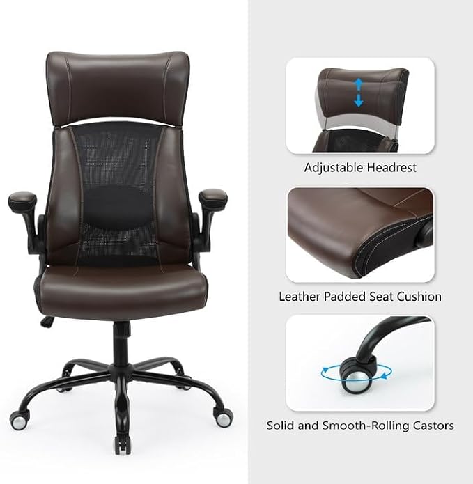ZLHECTO® Executive Office Chair, Ergonomic Leather Desk Chair, Widened Adjustable Headrest with Flip-Up Arms, High Back Computer Swivel Task Chair with Lumbar Support, Brown