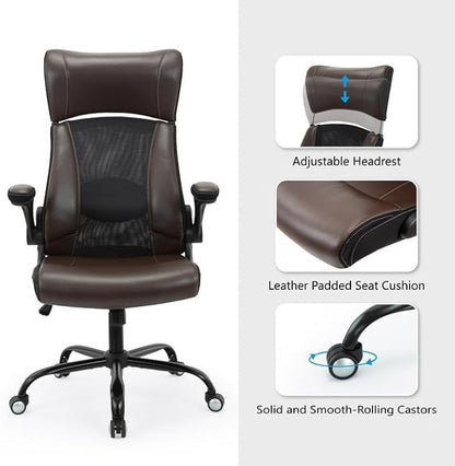 ZLHECTO® Executive Office Chair, Ergonomic Leather Desk Chair, Widened Adjustable Headrest with Flip-Up Arms, High Back Computer Swivel Task Chair with Lumbar Support, Brown