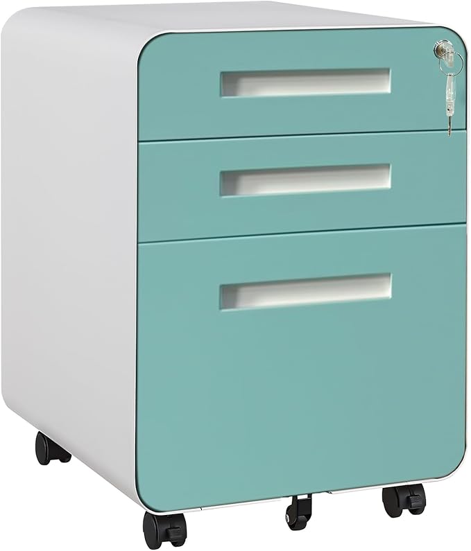 Garvee 3 Drawer File Cabinet with Lock, Under Desk Metal Mobile Filing Cabinet for Home Office, 5 Wheels Anti-Tipping Rolling File Cabinets for A4/Letter/Legal Size, Fully Assembled, Blue