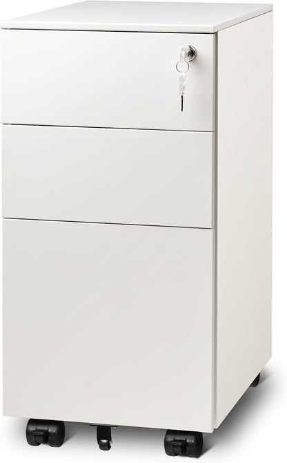 DEVAISE 3 Drawer Vertical File Cabinet with Lock, Under Desk Mobile Metal Filing Cabinet for Home Office Fit Legal/Letter/A4 File, Fully Assembled Except Wheels, White