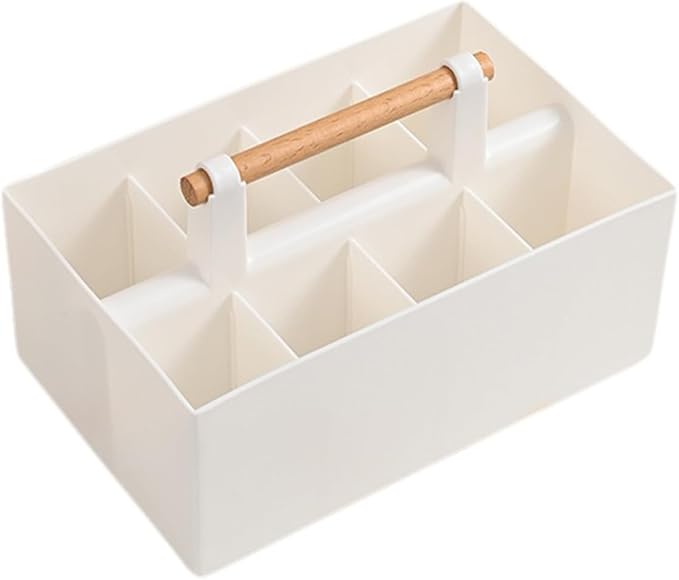 Buqoo Desk Organizer with 8 Compartments, Plastic Makeup Organizer with Wooden Handle, Pen Holder for Desktop Storage, Desk Organization for School, Home, Office Supplies (White)