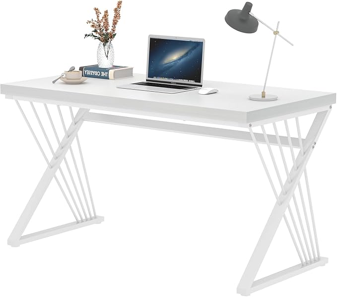 FOLUBAN White Desk, Modern Wood and Metal Computer Desk for Home Office, Simple Writing Work PC Desks for Bedroom, Industrial Study Gaming Table for Living Room, White, 47 Inch
