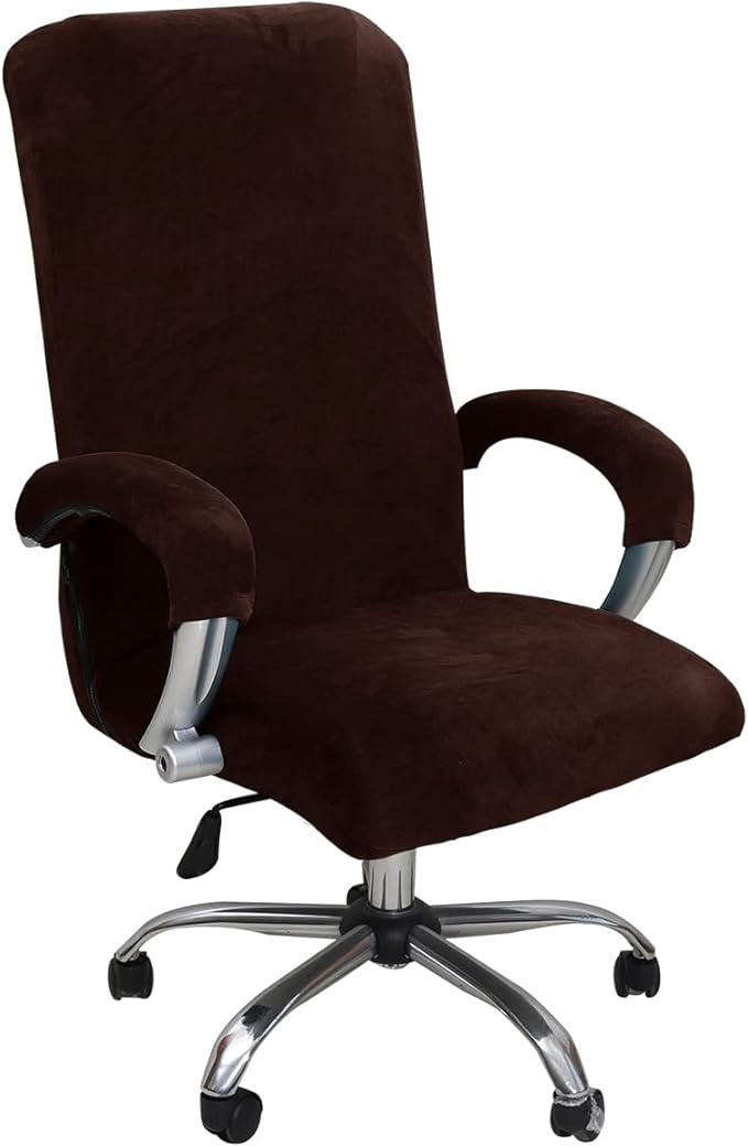 Velvet Plush Office Desk Chair Cover, Coffee, XL | Cat Proof, Stretchable Elastic, Fits Mesh and Executive Chairs, With Wheels and Armrests, Removable