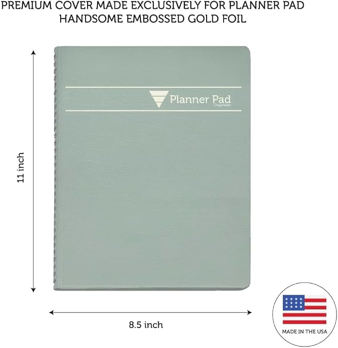 Planner Pad Spiral Bound July 2026 – June 2027 / Academic Year 8 1/2" x 11" Large 3-Tier Funnel Down 12 Month/Weekly Size Organizer, Greenish Grey Cover/Soft Green Ink