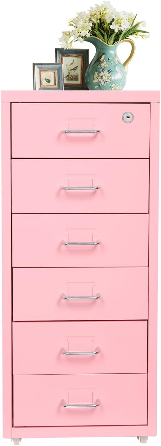 Vertical File Cabinet, 6 Drawers Rolling File Organizer Cabinets with Lock, Heavy Duty Metal Storage Cabinet, Movable Under Desk Filing Cabinet for Office, Study, Dresser (Pink)