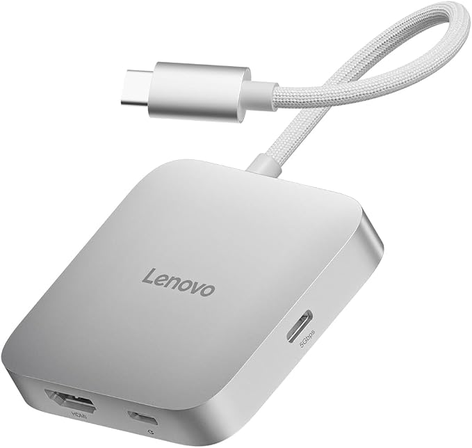 Lenovo USB-C 5-in-1 Travel Hub, 90W Power Delivery, 4K 60Hz HDMI, Dual USB-C and USB-A Ports, Plug and Play, Compact, Silver Grey