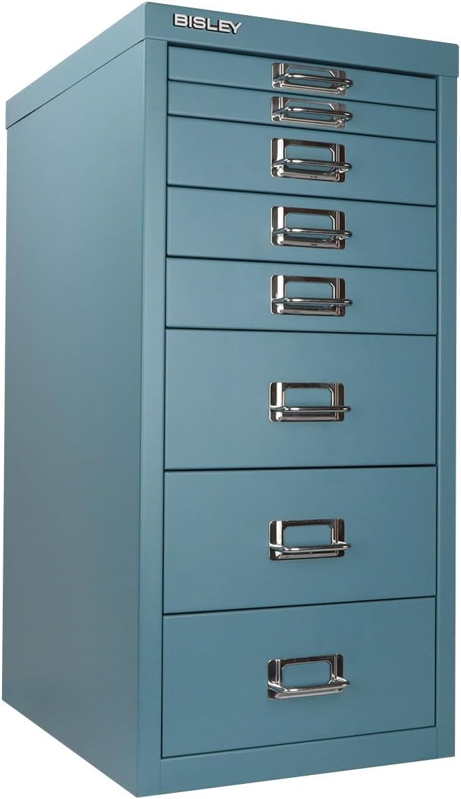 Bisley 8-Drawer Steel MultiDrawer Cabinet - Doulton Blue | Chrome Pull Handles with Label Holders, Powder-Coated Steel, Removable Drawers, Fits Under Most Desks, Labels Included