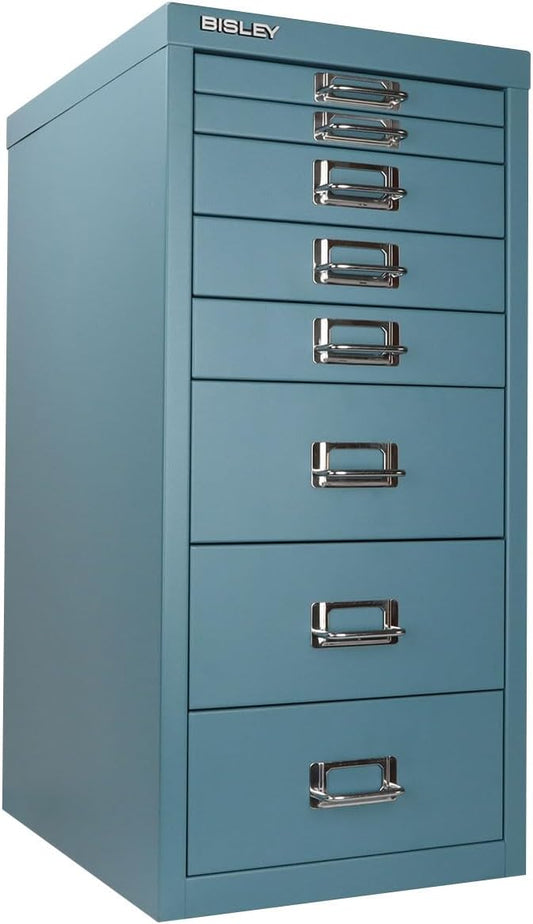 Bisley 8-Drawer Steel MultiDrawer Cabinet - Doulton Blue | Chrome Pull Handles with Label Holders, Powder-Coated Steel, Removable Drawers, Fits Under Most Desks, Labels Included