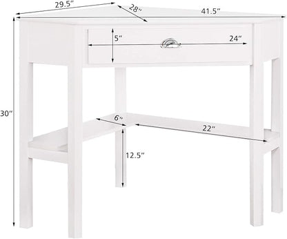 DORTALA Corner Desk, Writing & Study Corner Computer Desk, Laptop PC Table, Wood Home Office Desk, Small Corner Desk w/Storage Drawer, Shelves, Office Study Workstation, White Corner Desk (White)
