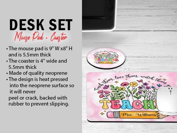 Personalized Teacher Mousepad and Coaster Desk Set Gift for Teachers Appreciation Back to School Classroom Decor Custom Handmade by The Painted Pug (Teach Them Floral)