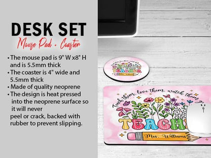 Personalized Teacher Mousepad and Coaster Desk Set Gift for Teachers Appreciation Back to School Classroom Decor Custom Handmade by The Painted Pug (Teach Them Floral)