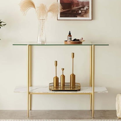 LumFurn Glass Console Table for Living Room, Foyer & Entrance, 2-Tiers Mid-Century Modern Sofa Table with Clear Glass Top, White Marble Finish Wood Shelf and Gold Finish Frame