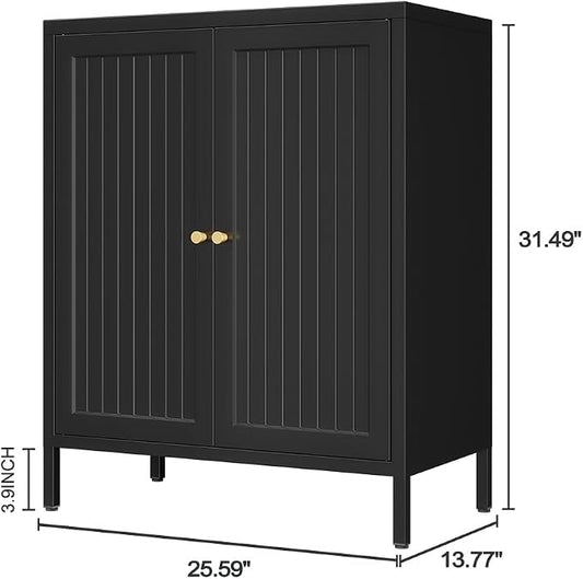 2 Door Metal Storage Cabinet-Small Bathroom Storage Cabinet with 1 Adjustable Shelf,Freestanding Sideboard for Home Office, Living Room, Hallway, Entryway(Striped Door, Black)
